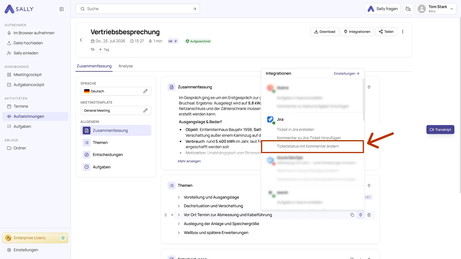 Liste der Integrationen mit der Jira Aktion für eine Statusänderung
