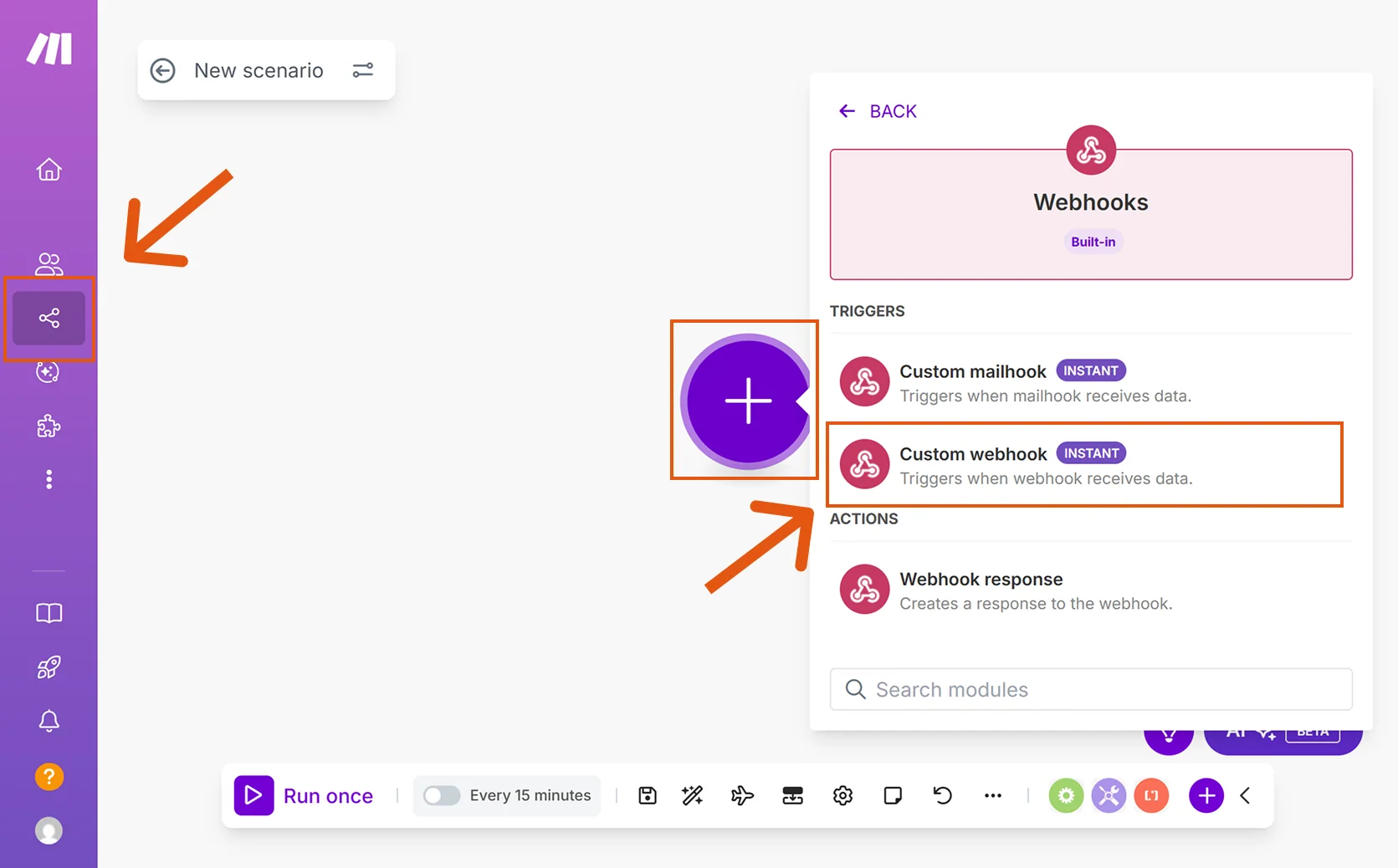 Neues Szenario in Make erstellen und Webhooks auswählen