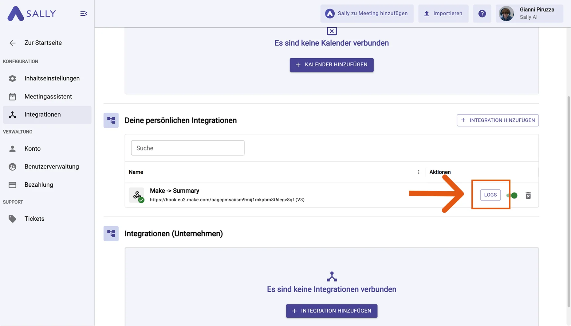 Webhook in Sally mit hervorgehobener Logs-Schaltfläche