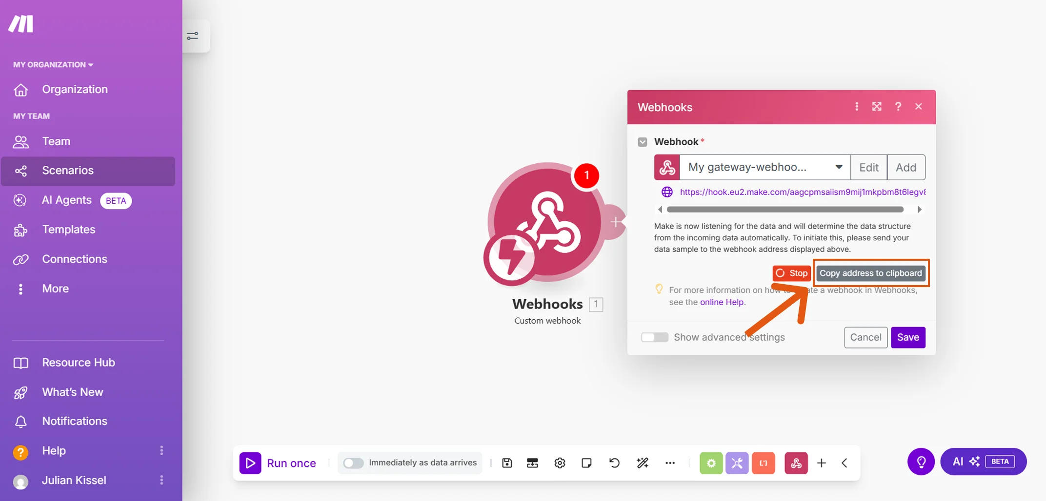 Make Webhooks Modul mit Custom Webhook