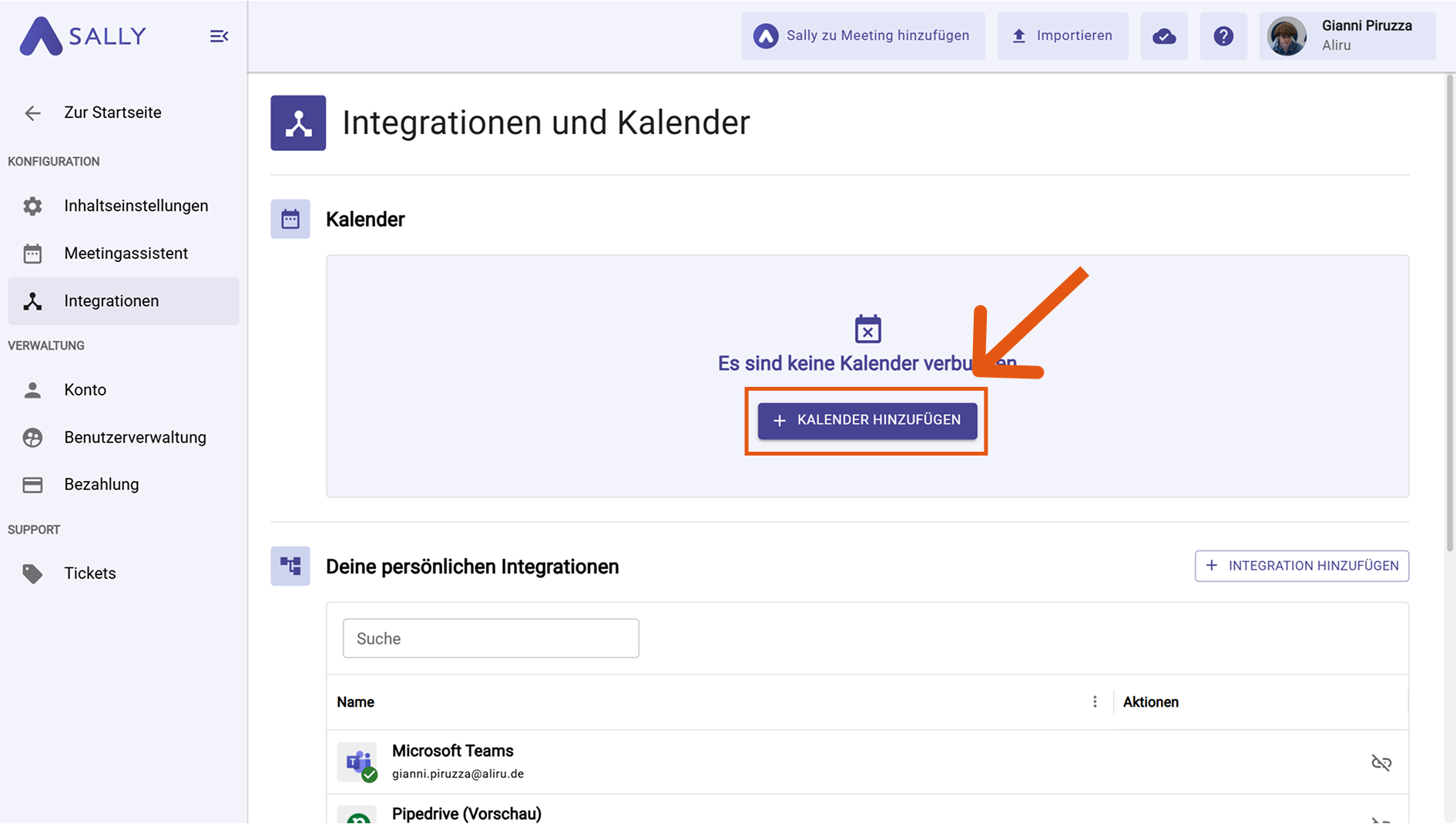 Sally Oberfläche mit markiertem Einstellungen-Menü