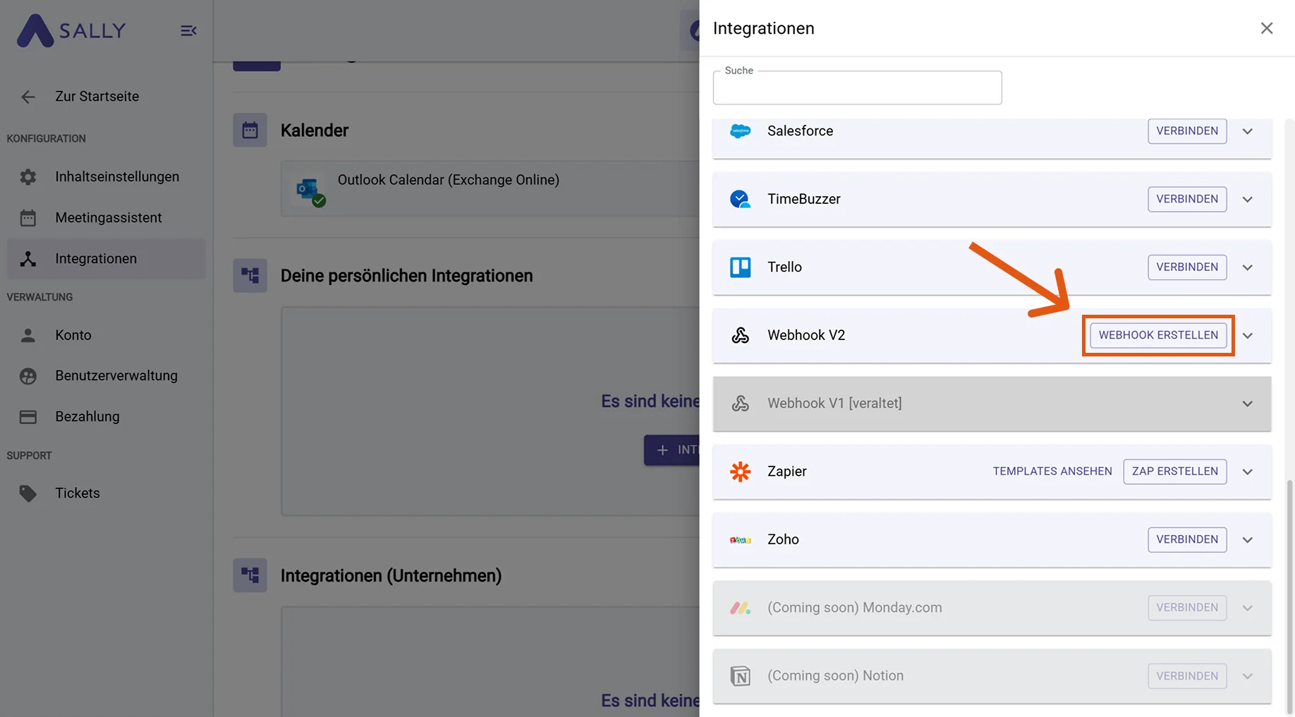 Integrationen in Sally mit hervorgehobener Funktion Integration hinzufügen