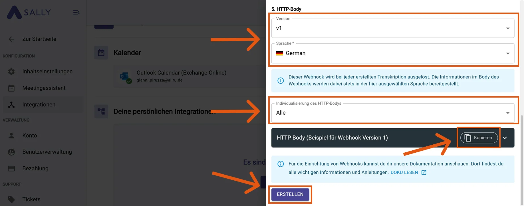 Webhook-Erstellungsdialog in Sally mit hervorgehobenen Feldern