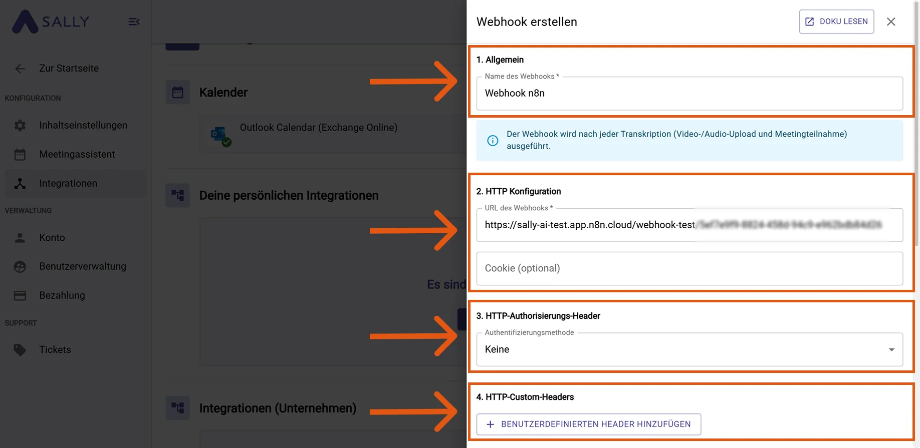 Webhook-Erstellungsdialog in Sally mit hervorgehobenen Feldern