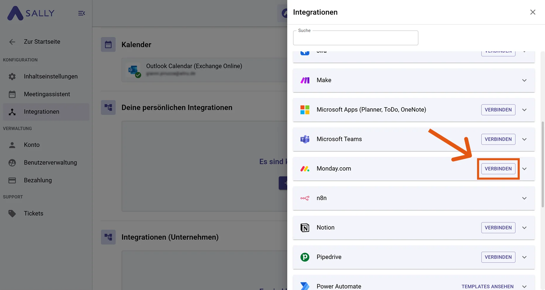Monday.com Integration mit Verbinden-Button