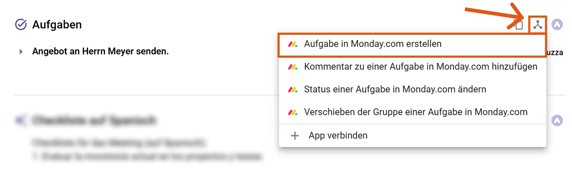 Aktionsmenü der Monday.com Integration
