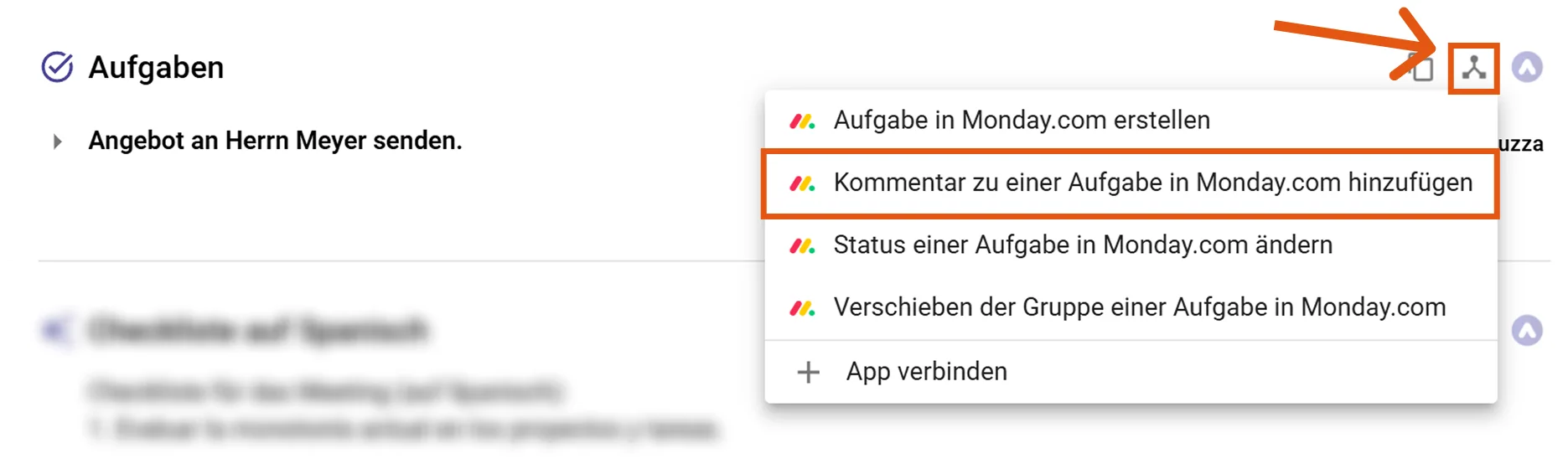 Aktionsmenü der Monday.com Integration
