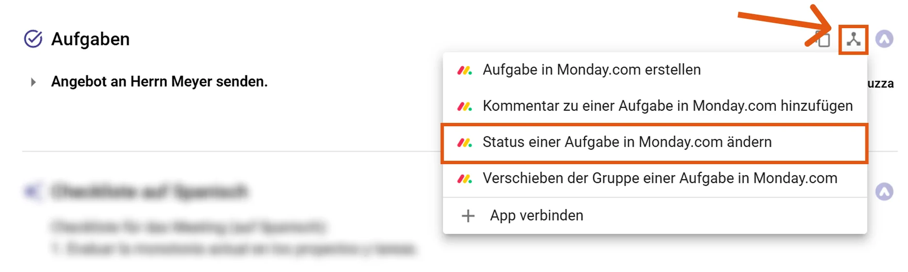 Aktionsmenü der Monday.com Integration