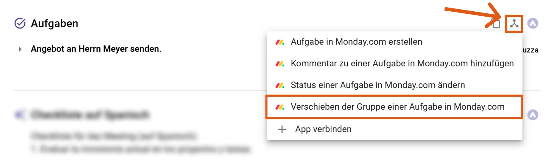 Aktionsmenü der Monday.com Integration