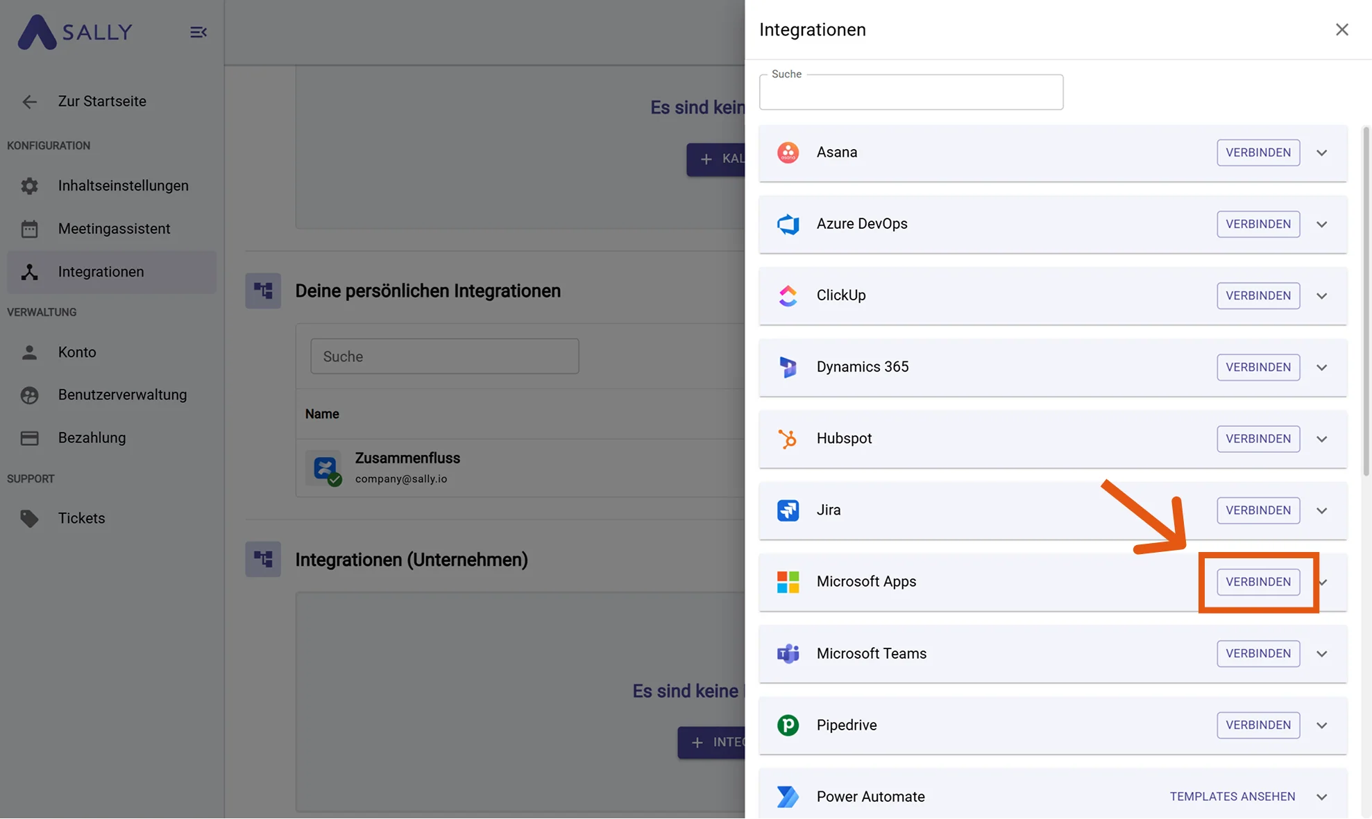 Microsoft Apps auswählen und verbinden