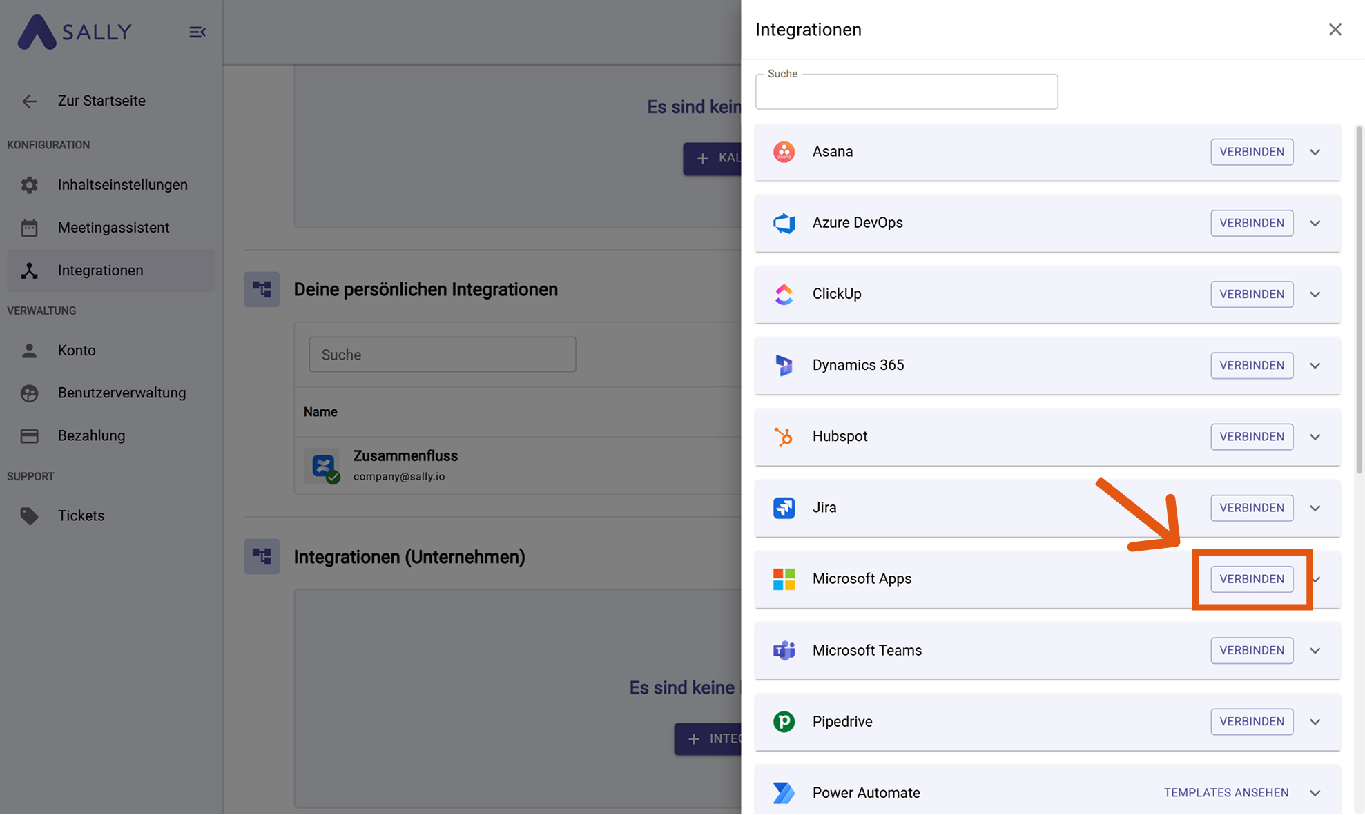 Microsoft Apps auswählen und verbinden