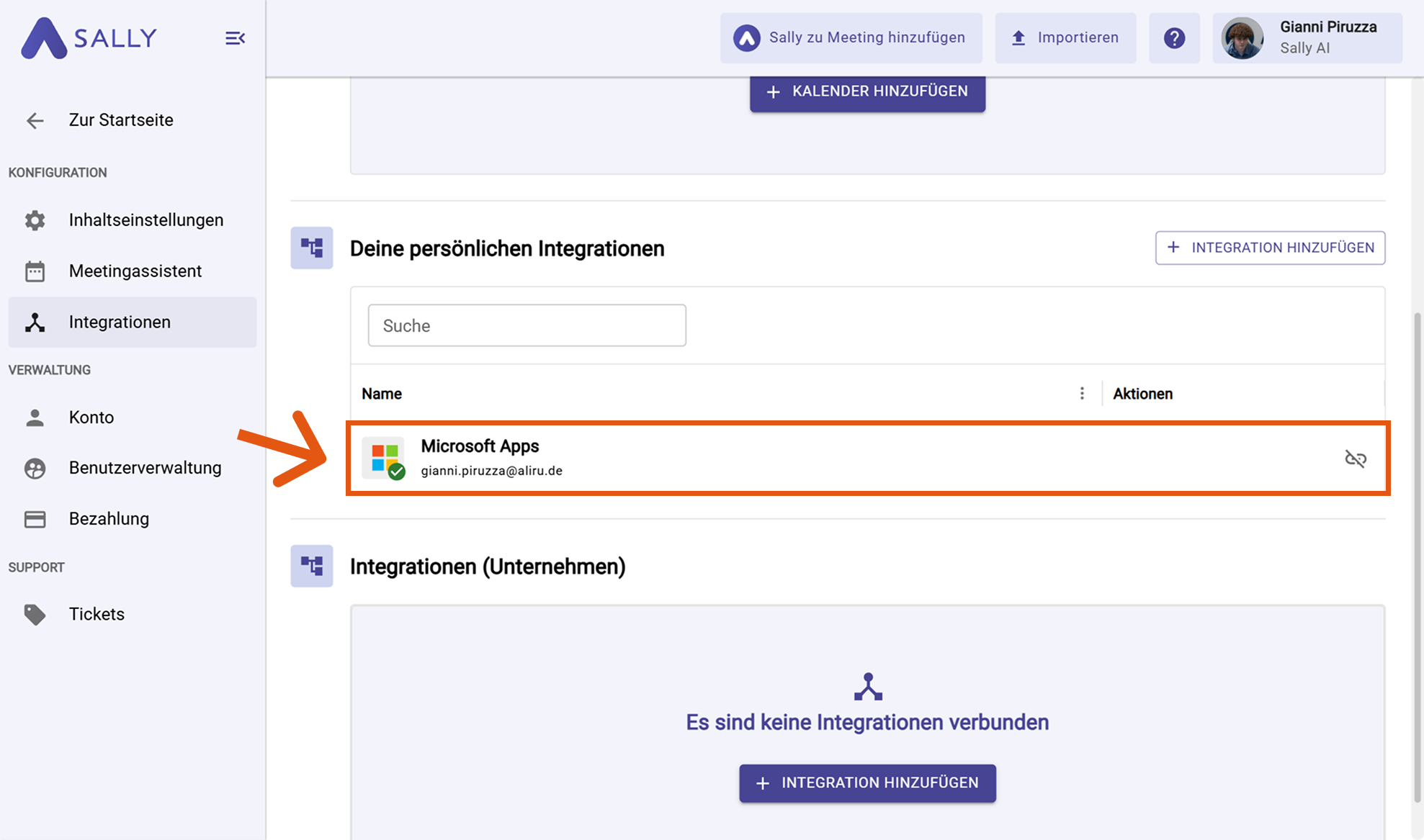 Microsoft Apps erfolgreich verbunden