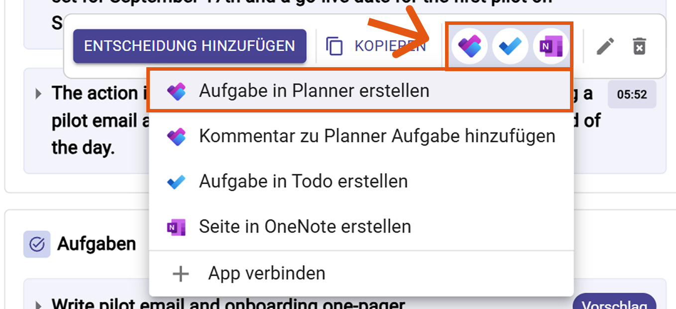Planner-Aufgabe erstellen auswählen
