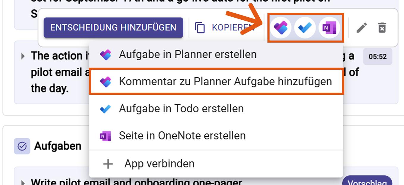 Kommentar zu Planner-Aufgabe hinzufügen auswählen