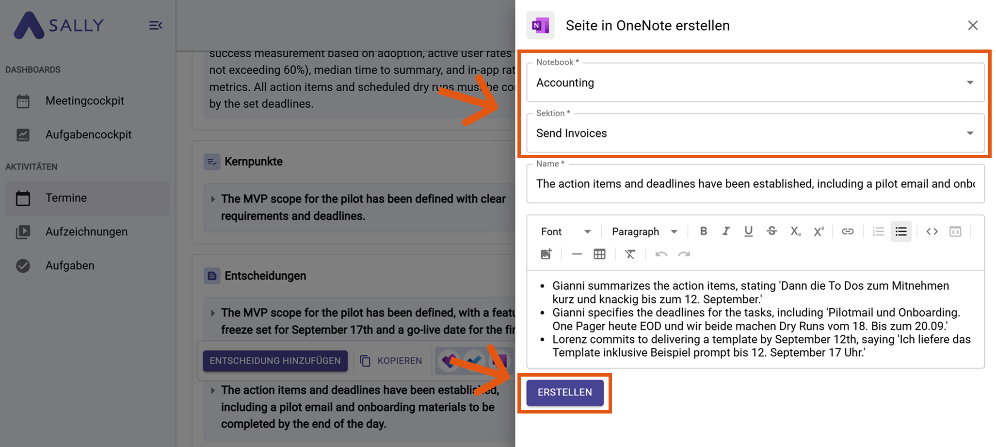 Seite in OneNote erstellen auswählen