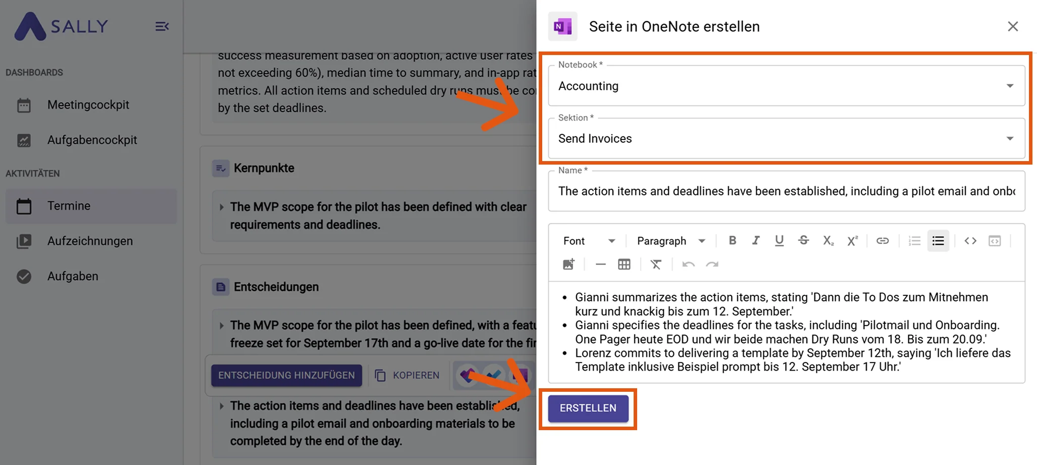 Seite in OneNote erstellen auswählen