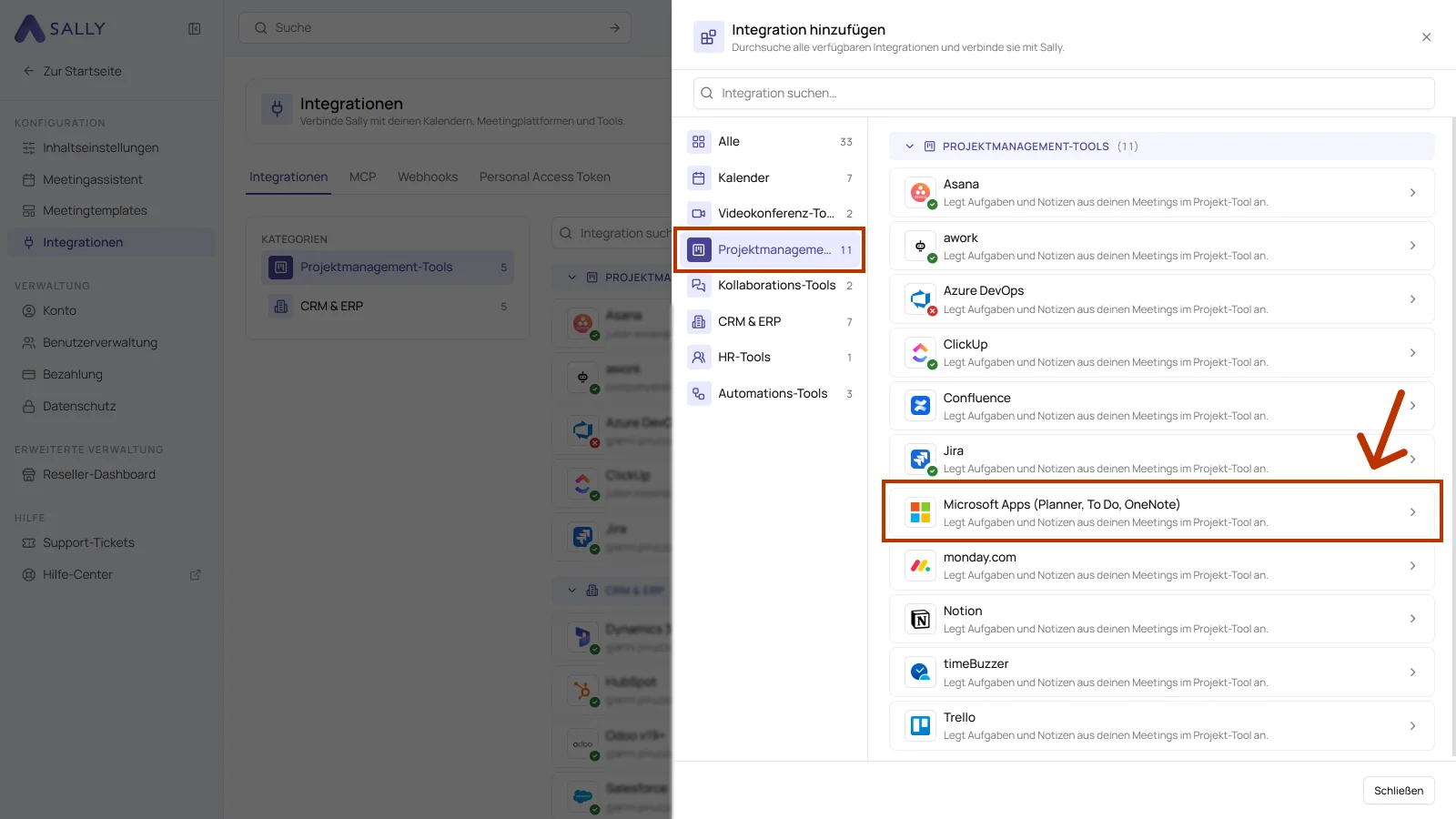 Bereich Integration hinzufügen mit der Kategorie Projektmanagement-Tools und markiertem Eintrag Microsoft Apps