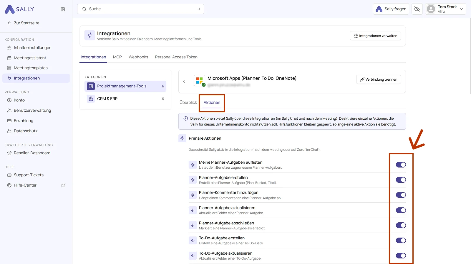 Reiter Aktionen der Microsoft Apps Integration mit den Schaltern der primären Aktionen