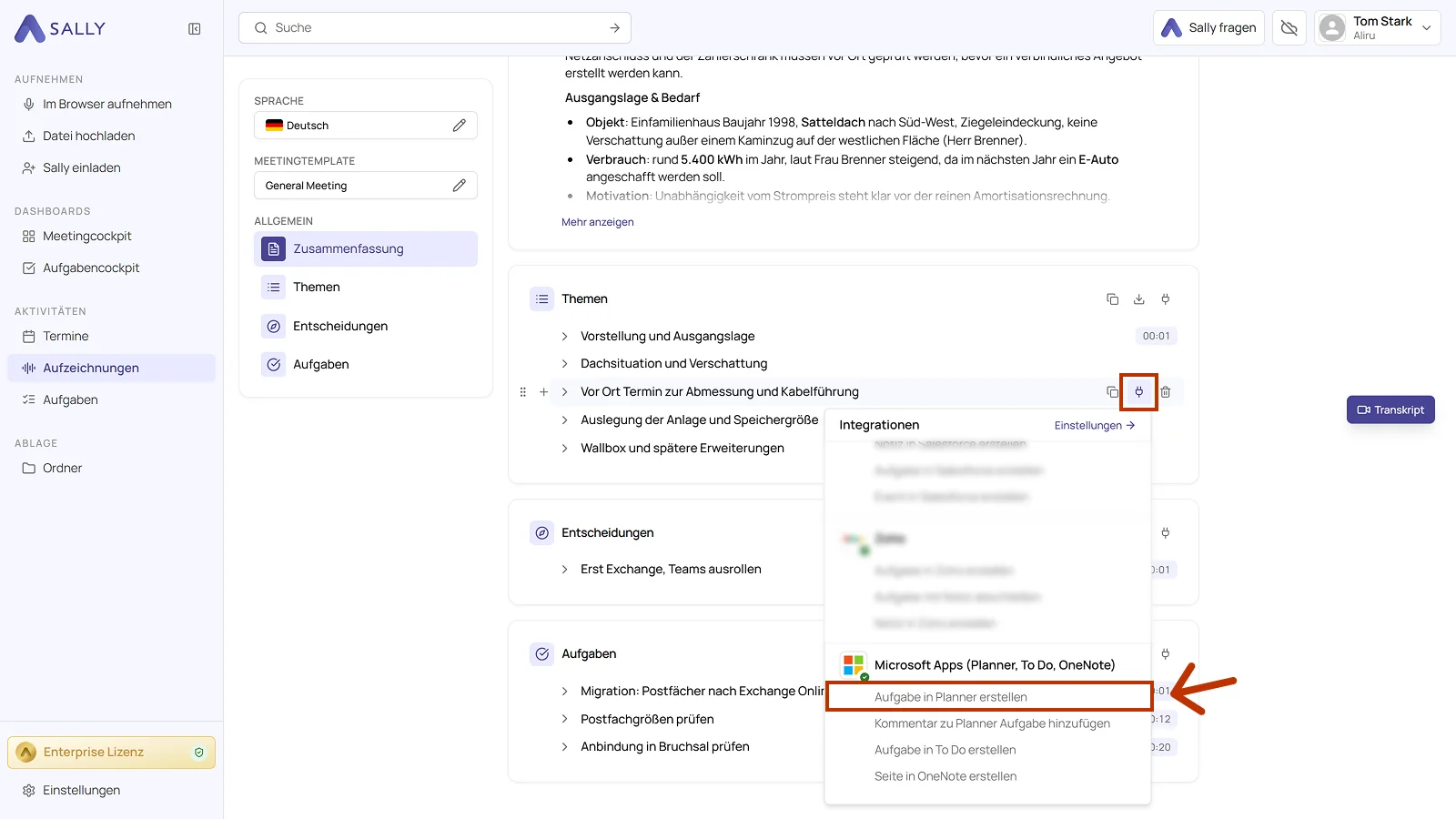 Zusammenfassung eines Meetings mit dem Stecker-Symbol und der Liste der Integrationen, darin Microsoft Apps