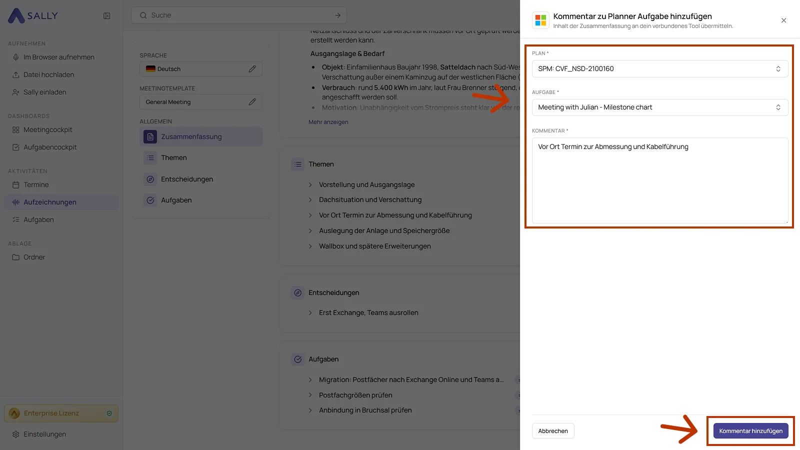 Dialog Kommentar zu Planner Aufgabe hinzufügen mit Plan, Aufgabe und Kommentar