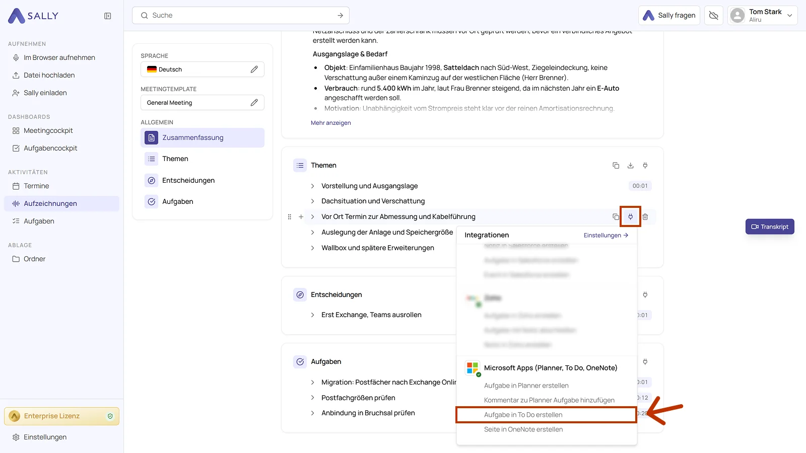 Liste der Integrationen mit der Microsoft Apps Aktion für eine To-Do-Aufgabe