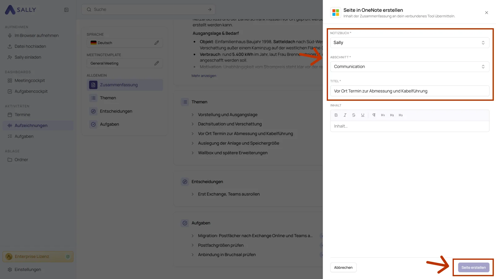 Dialog Seite in OneNote erstellen mit Notizbuch, Abschnitt, Titel und Inhalt