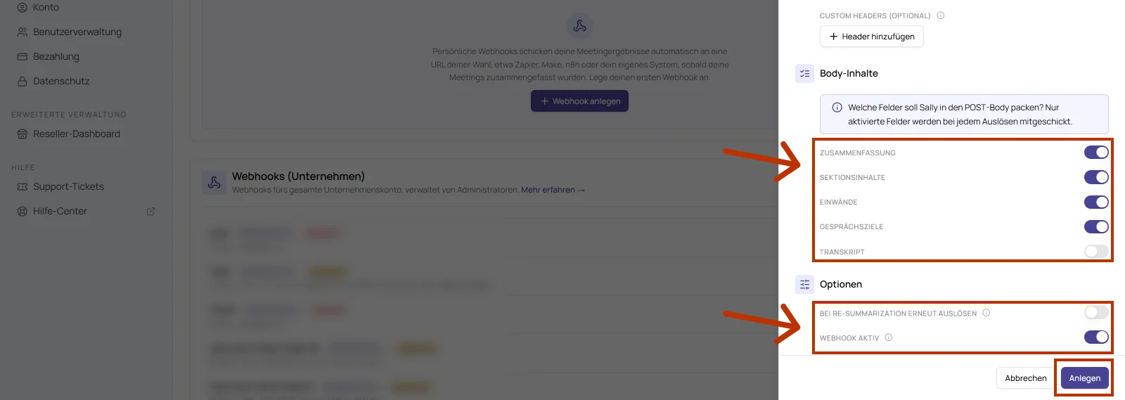 Unterer Teil des Dialogs mit Custom Headers, Body-Inhalten, Beispiel-Body und Optionen