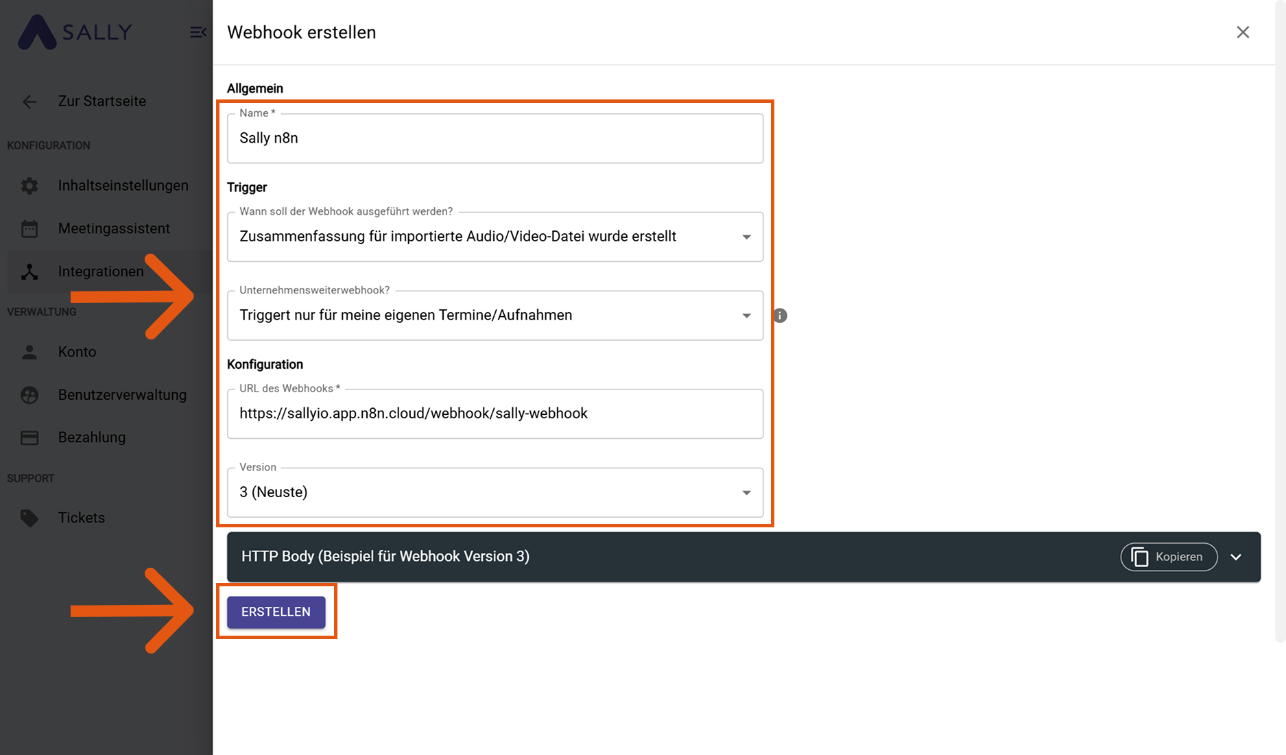 Webhook-Erstellungsformular in Sally mit hervorgehobenen Feldern