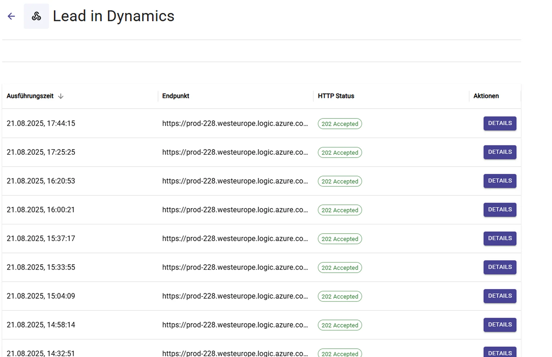 Webhook-Logs mit erfolgreichen Einträgen