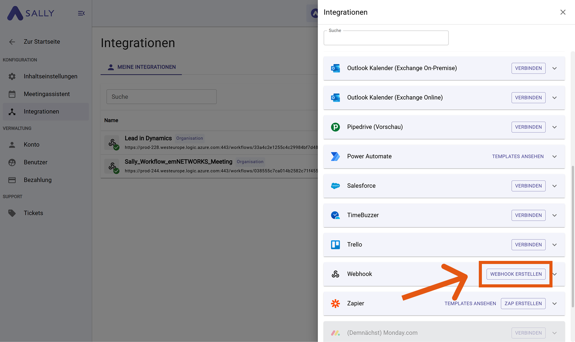 Sally Integrationsliste mit hervorgehobenem Webhook erstellen