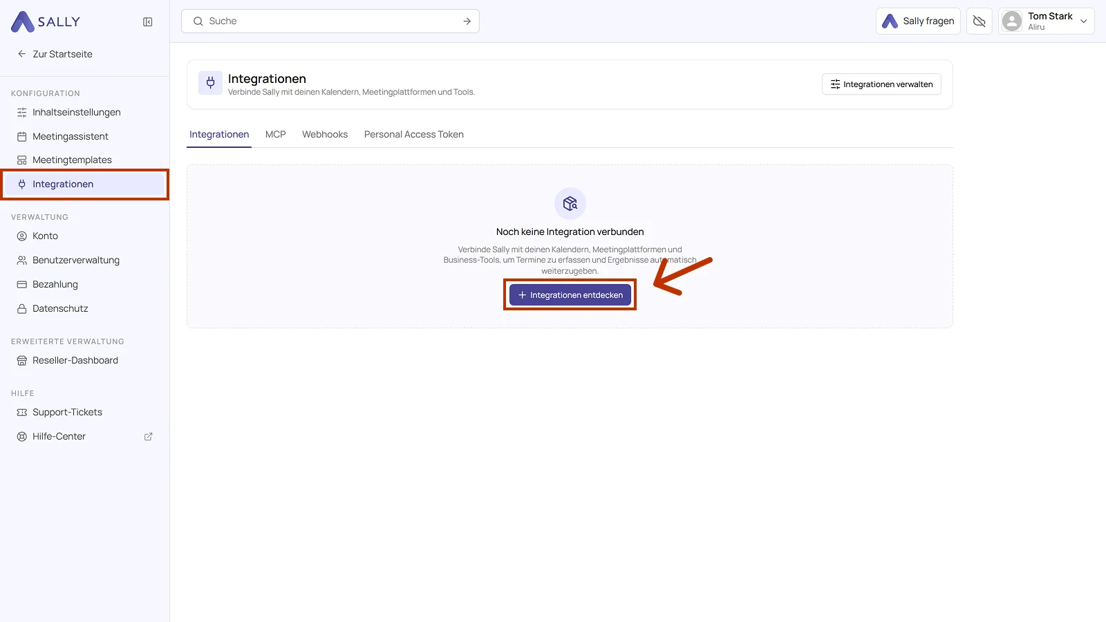Seite Integrationen mit dem markierten Button Integrationen entdecken