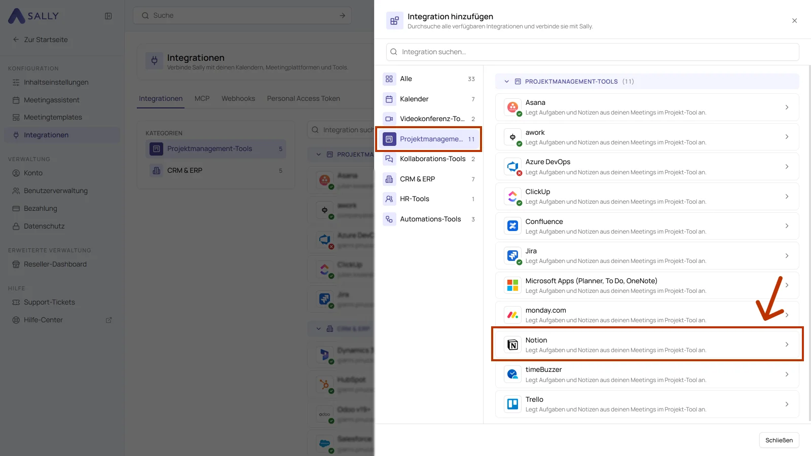 Bereich Integration hinzufügen mit der Kategorie Projektmanagement-Tools und markiertem Eintrag Notion