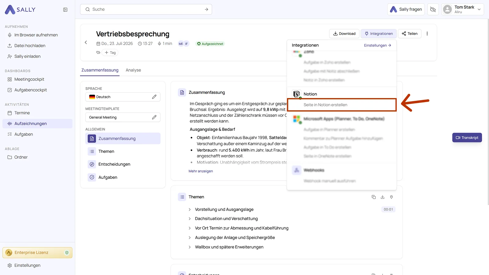 Aufzeichnung mit geöffneter Liste der Integrationen und der Notion Aktion