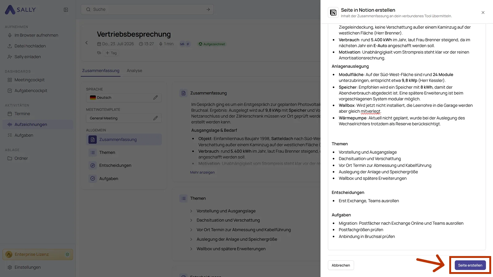 Dialog Seite in Notion erstellen mit dem Inhalt der Zusammenfassung und dem Button Seite erstellen
