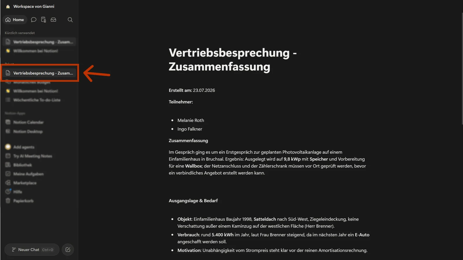 Notion-Workspace mit der neu erstellten Seite zur Meeting-Zusammenfassung