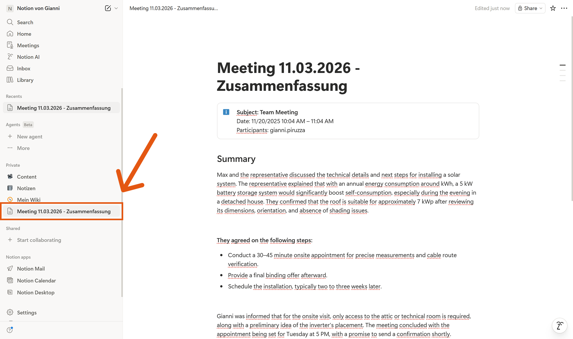 Sally AI: Zusammenfassung in Notion