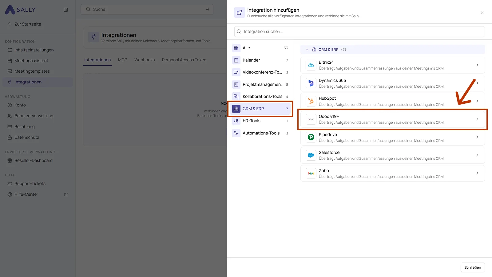 Liste der Integrationen mit der Kategorie CRM und ERP und dem hervorgehobenen Eintrag Odoo v19+