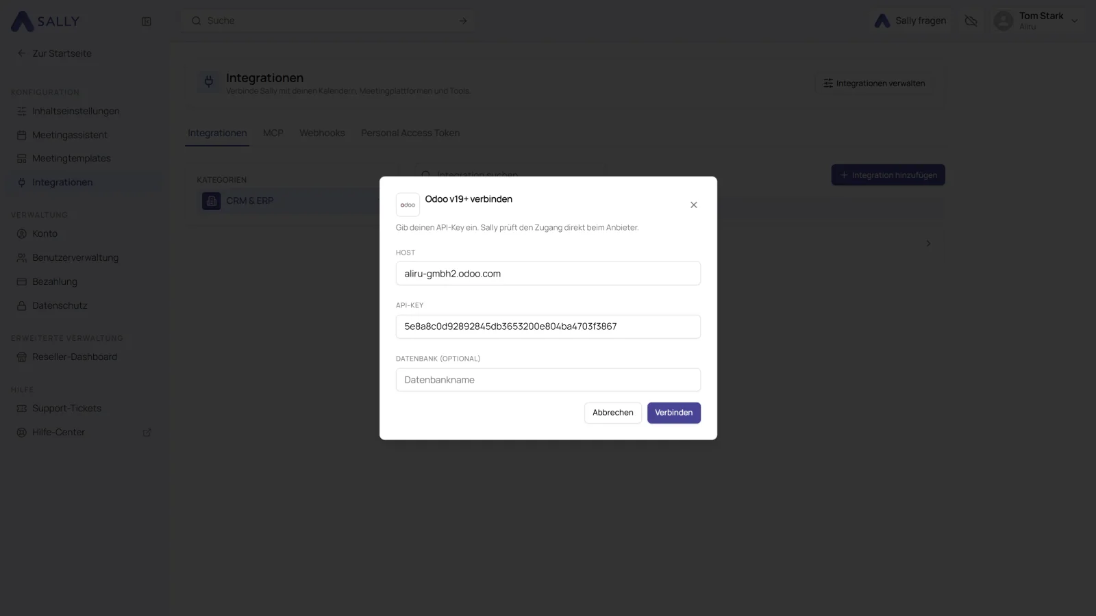 Dialog Odoo v19+ verbinden mit den Feldern für Host, API-Key und Datenbank