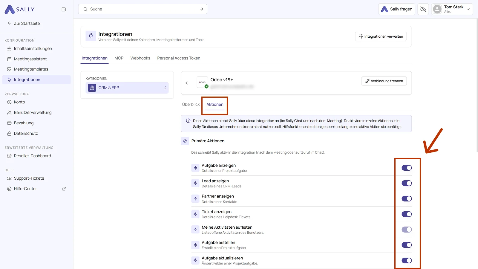 Tab Aktionen der verbundenen Integration Odoo mit den Schaltern der primären Aktionen