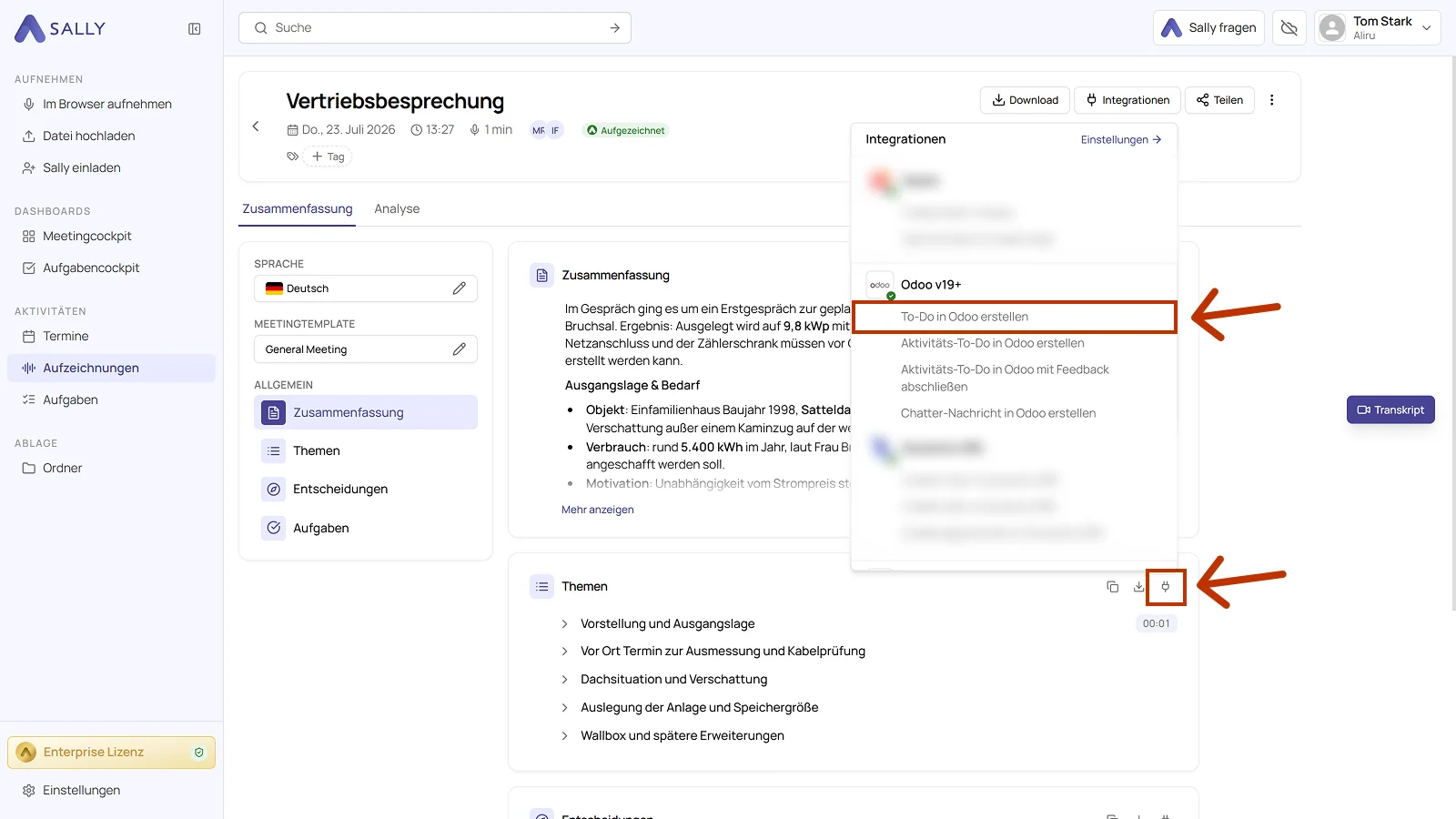Integrationen-Menü einer Aufzeichnung mit der markierten Aktion To-Do in Odoo erstellen