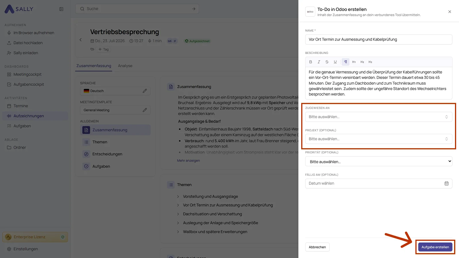 Panel To-Do in Odoo erstellen mit Name, Beschreibung, Zugewiesen an, Projekt, Priorität und Fällig am
