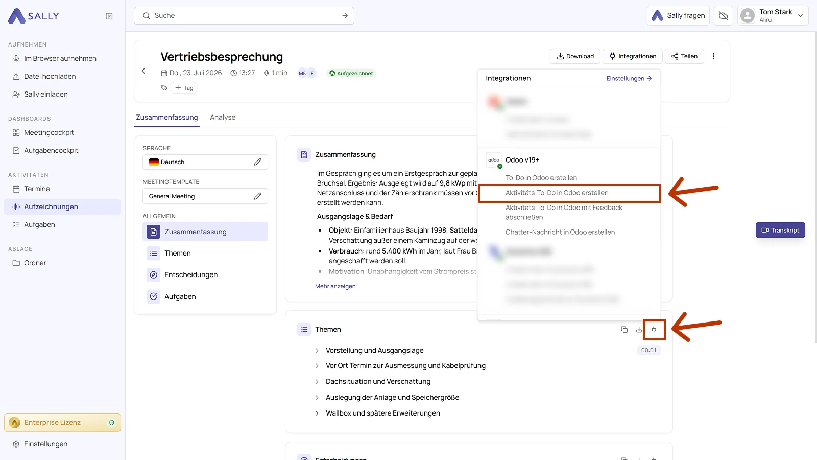Integrationen-Menü einer Aufzeichnung mit der markierten Aktion Aktivitäts-To-Do in Odoo erstellen
