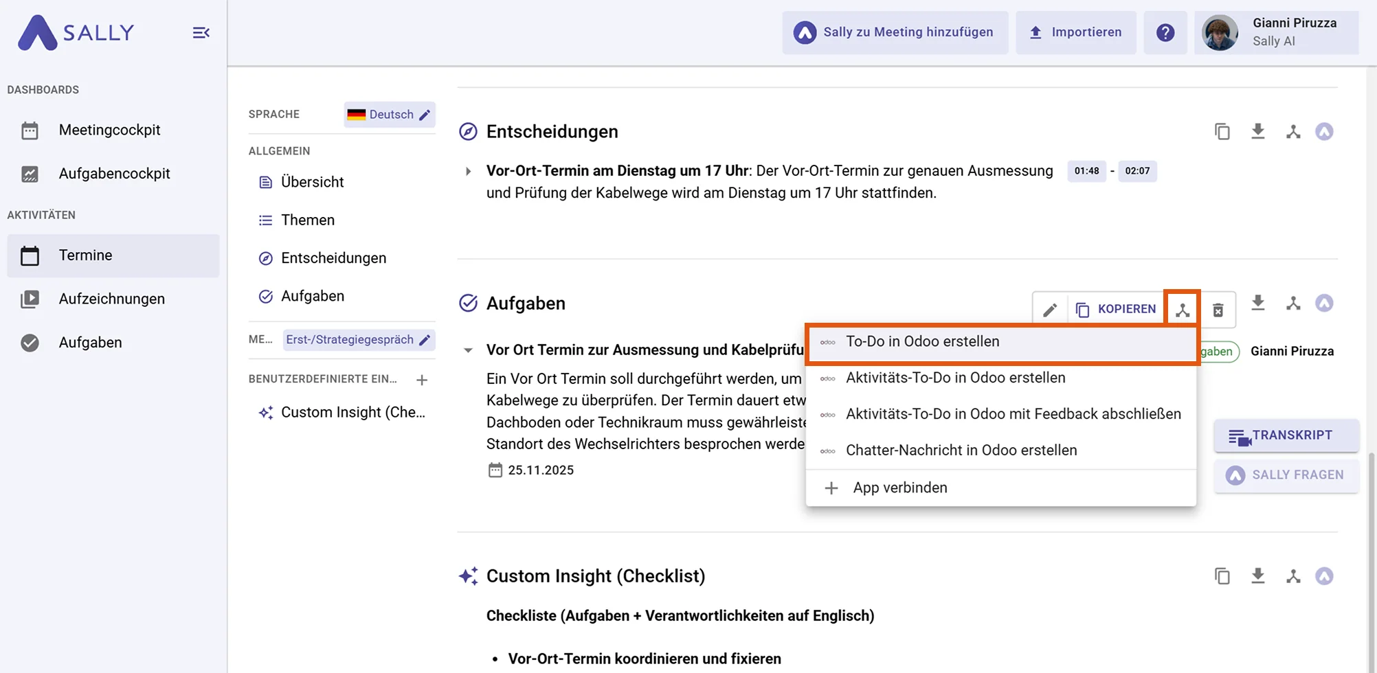 Odoo Aktionen im Meeting