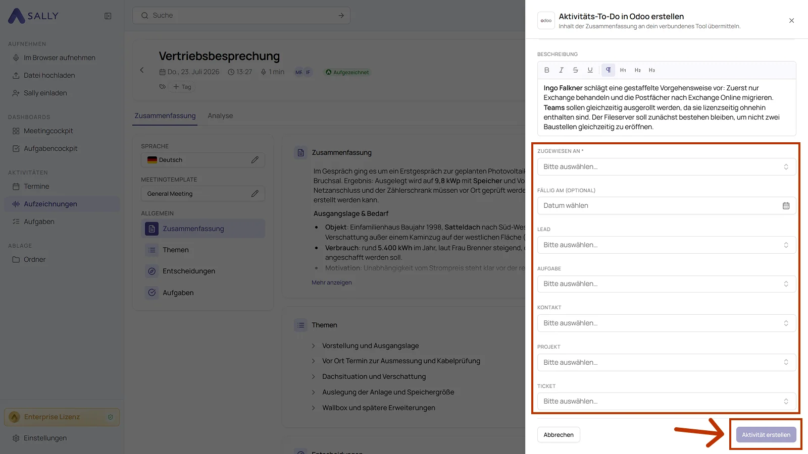Panel Aktivitäts-To-Do in Odoo erstellen mit Beschreibung, Zugewiesen an, Fällig am und den Feldern für den Datensatz