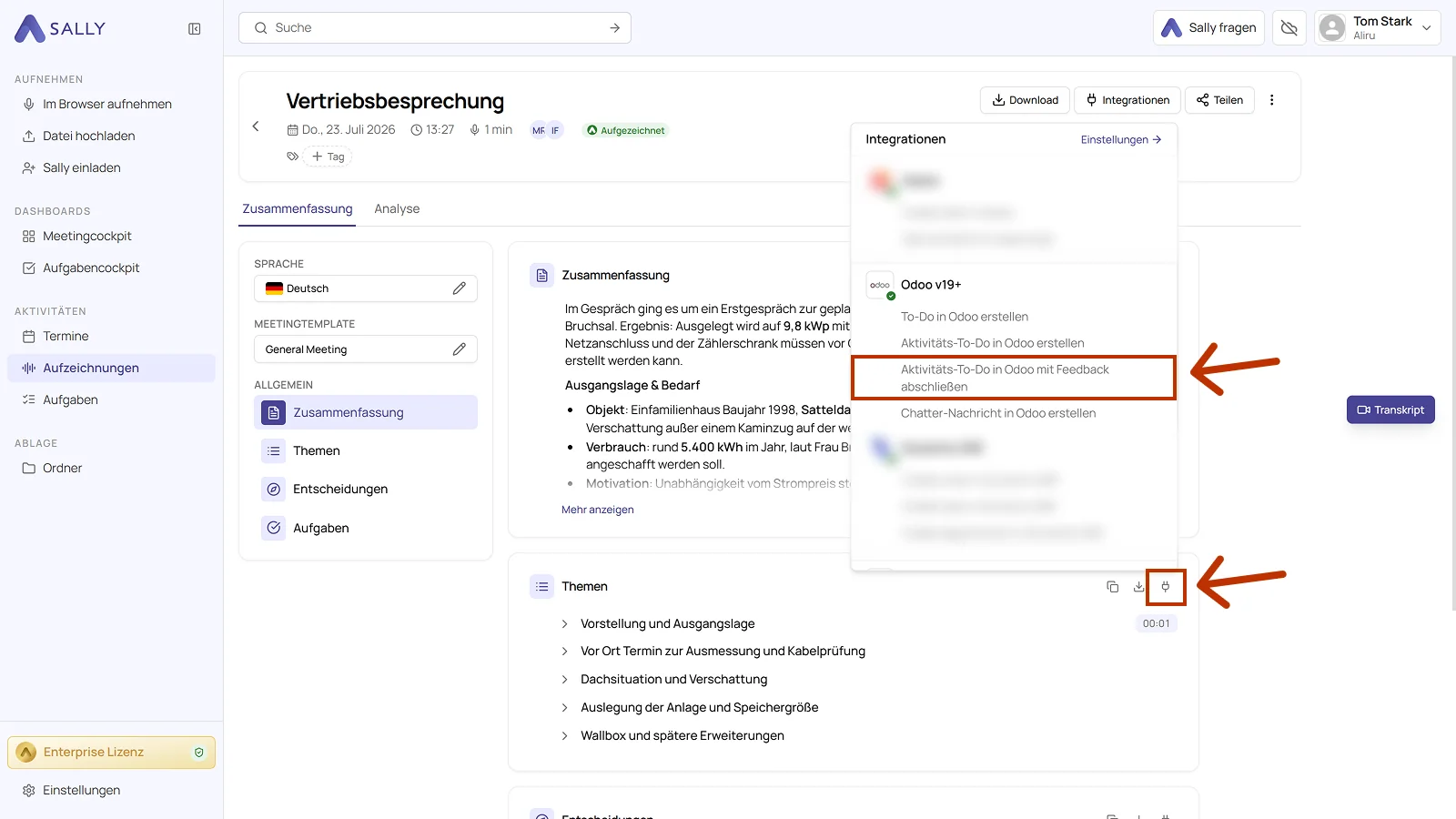Integrationen-Menü einer Aufzeichnung mit der markierten Aktion Aktivitäts-To-Do mit Feedback abschließen