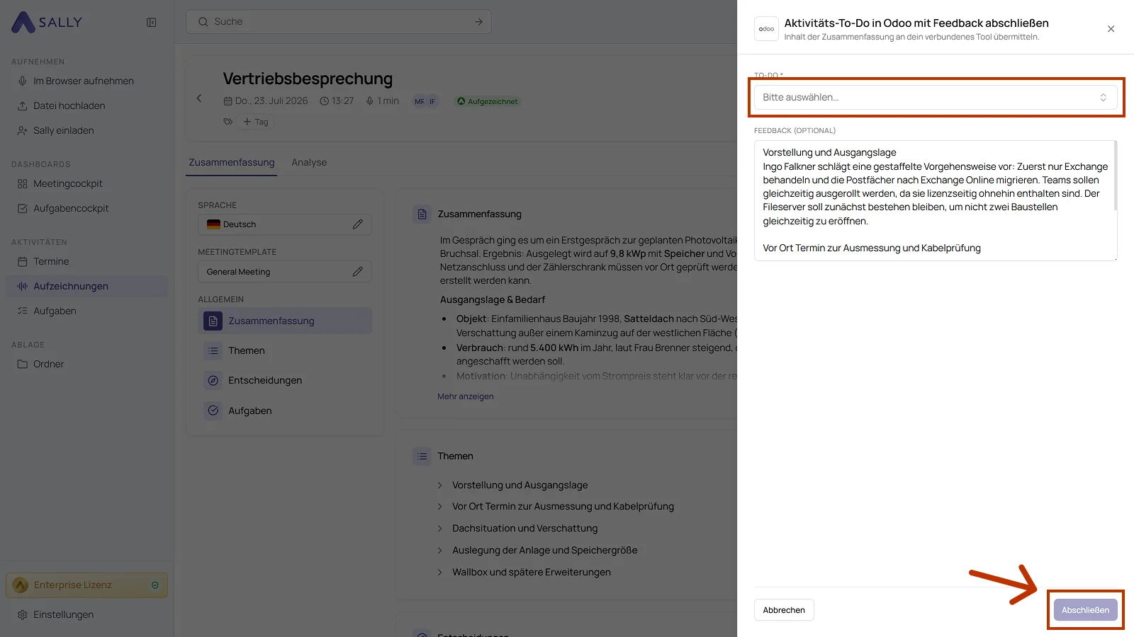 Panel Aktivitäts-To-Do in Odoo mit Feedback abschließen mit der Auswahl des To-Dos und dem Feedbackfeld