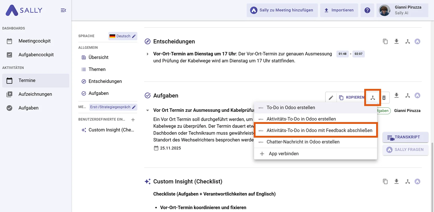 Aktivität mit Feedback abschließen auswählen