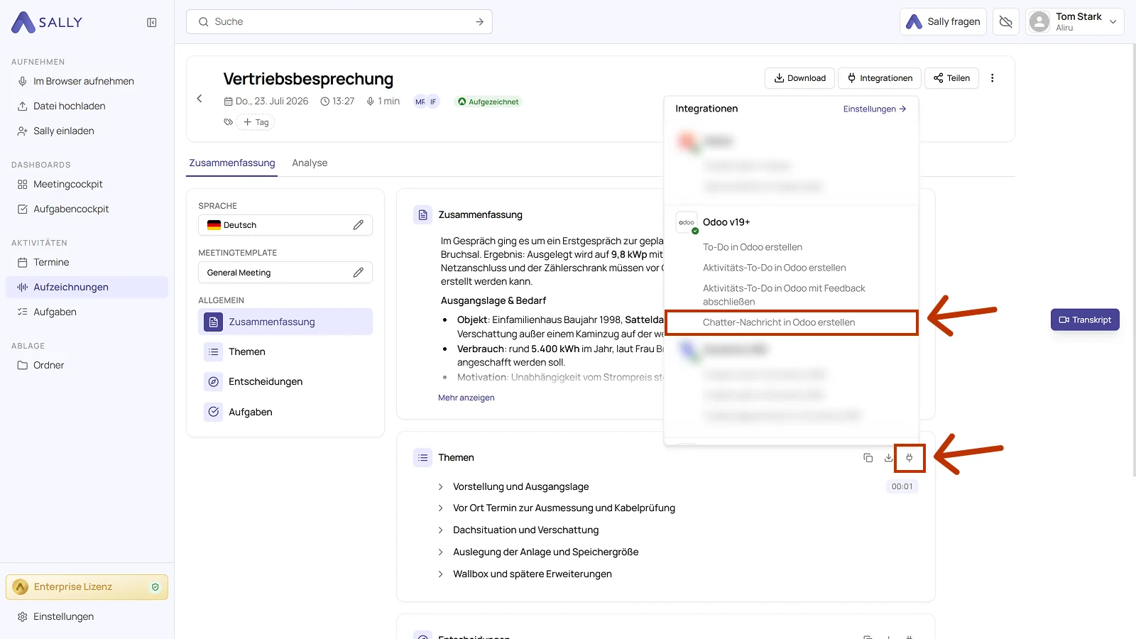 Integrationen-Menü einer Aufzeichnung mit der markierten Aktion Chatter-Nachricht in Odoo erstellen