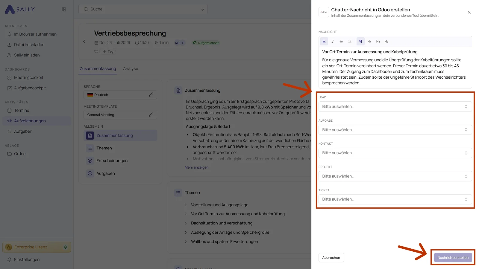 Panel Chatter-Nachricht in Odoo erstellen mit dem Nachrichtentext und den Feldern für den Datensatz