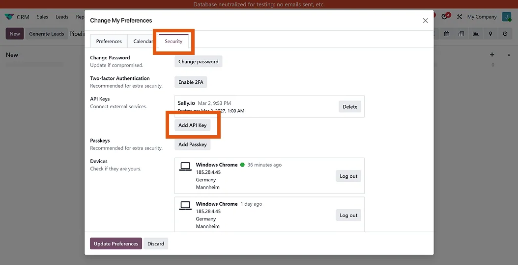 Odoo Fenster Change My Preferences im Tab Security mit dem markierten Button Add API Key